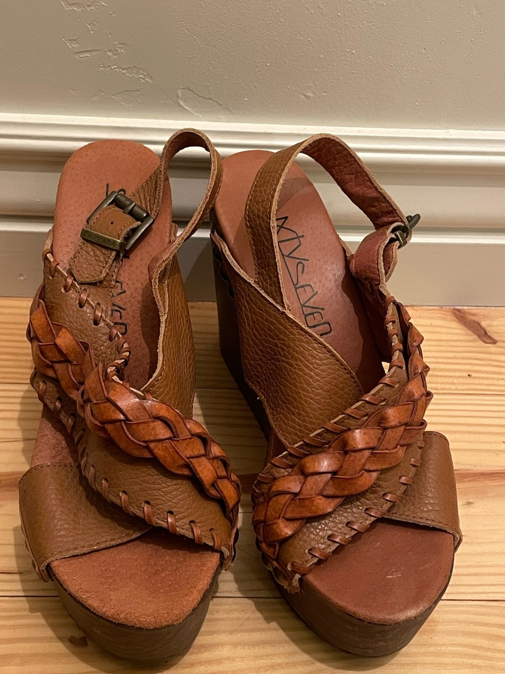 Sixtyseven Braided Leather Wedge Sandals in Brown